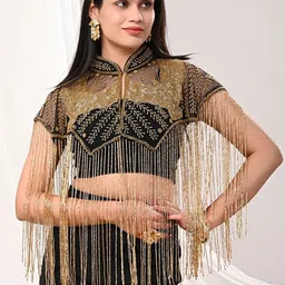 JEDCO Embroidered Self Design Mandarin Collar Short Sleeves Waterfall Shrug image 4