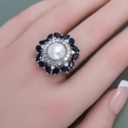 PRIVIU Silver-Plated American Diamond & Beaded Adjustable Finger Ring image 4