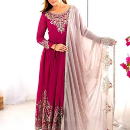 Brulry Floral Embroidered Pleated Georgette Anarkali Kurta With Trousers & Dupatta-picture-19