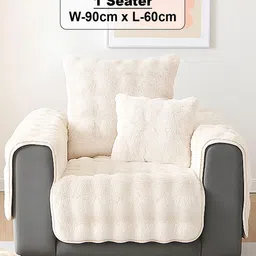DREAM CARE Cream-Coloured & Cream-Coloured Solid Polyester 3 Piece Sofa Cover With Arms image 2