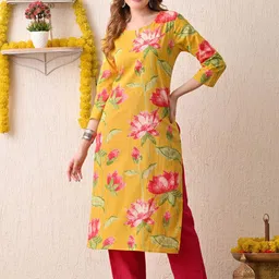 BKApparels Floral Printed Notch Neck Thread Work Cotton Straight Kurta image 4