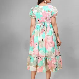 GROMint Women Floral Printed Gathered Puff Sleeve Georgette Fit & Flare Midi Dress image 4