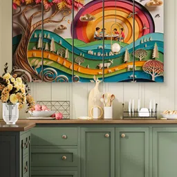 Myntra Elegant Homes Yellow & Blue 5 Pieces Rainbow Sunset Wooden Wall Arts-picture-33