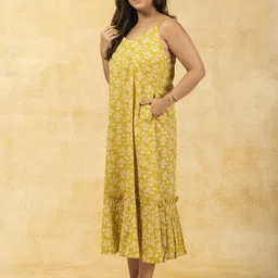 SPARSA Floral Printed Shoulder Straps Pure Cotton A-Line Midi Dress image 4