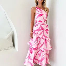 JC Mode Abstract Printed One Shoulder Ruched Layered A-Line Maxi Dress image 4