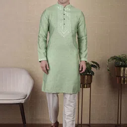 Koshin Floral Woven Design Mirror Work Mandarin Collar Straight Kurta With Pyjamas-picture-15