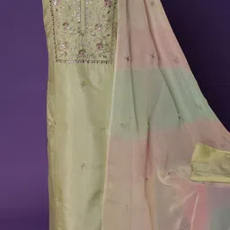 ZARI Floral Embroidered Sequinned Pure Silk Unstitched Dress Material image 4