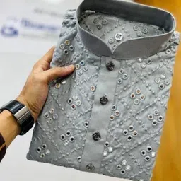 shreeram Men Embroidered, Embellished Straight Kurta (Grey) image 2