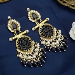 TESSARA Gold-Plated Kundan Studded And Beaded Floral Shaped Drop Earrings image 4