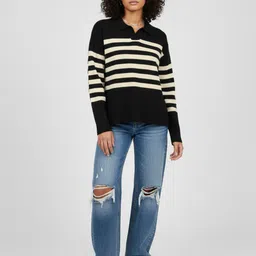 glitchez Self Striped Shirt Collar Oversized Pullover with Side Slits image 2