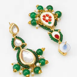 Anouk Gold Plated Kundan Studded And Beaded Teardrop Shaped Drop Earrings image 2