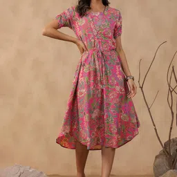 JISORA Women Pink Pritned Russian Silk Dress-picture-20