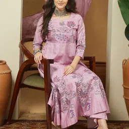 Janasya Women Lavender Cotton Blend Floral Printed Anarkali Kurta & Trousers With Dupatta image 5