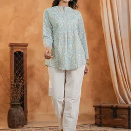 Span Floral Printed Mandarin Collar Pure Cotton Tunic With Trouser-image-3