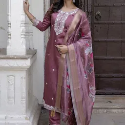 Snofi Creation Women Floral Embroidered Regular Thread Work Chanderi Cotton Kurta with Trousers & With-image-17