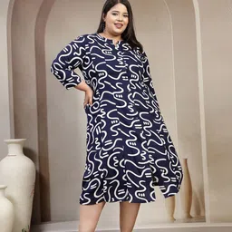 plusS Print Abstract Printed Mandarin Collar A line Midi Dress-picture-31