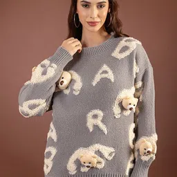 GFO Women Teddy Bear Embellished Woollen Pullover Sweater-image-33