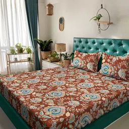 Aura Rust & Blue Ethnic Motifs Printed 300 TC Fitted King Bedsheet Set 2.5 x 2.25 m-image-19