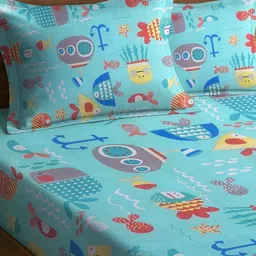 WEAVE AND DECOR Blue Conversational 300 TC King Bedsheet with 2 Pillow Covers image 4