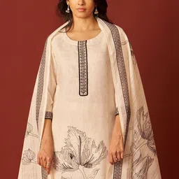 Indo Era Women Floral Printed Regular Thread Work Linen Kurta with Trousers & With Dupatta image 5