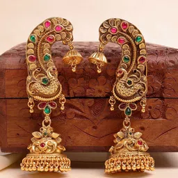 KARATCART Gold-Plated Dome Shaped Artificial Stones Studded Peacock Jhumkas-picture-53