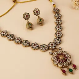 KARATCART Gold-Plated Stone-Studded Floral Design Jewellery Set-picture-25