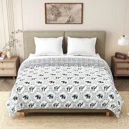 INDRA'S White & Grey Ethnic Motifs Printed Cotton Reversible 150 GSM Heavy Winter Quilt-picture-12