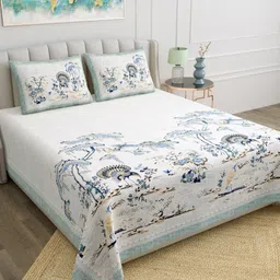 JAIPUR FABRIC White & Blue Floral 180 TC King Bedsheet with 2 Pillow Covers-image-89