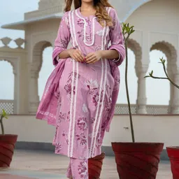 KALINI Women Floral Embroidered Regular Pure Cotton Kurta with Trousers & With Dupatta image 2