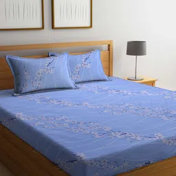 KLOTTHE Blue & White Floral Printed Pure Cotton 400 TC King Bedsheet With 2 Pillow Covers-image-77
