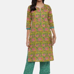 RANGMANCH BY PANTALOONS Women Lime Green Paisley Printed Pure Cotton Kurti with Trousers-picture-33