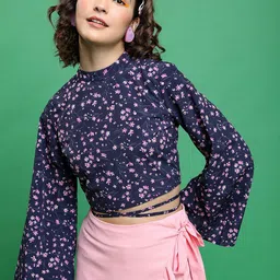 Tokyo Talkies Blue Floral Printed Flared Sleeves Waist Tie Ups Crop Top-image-91