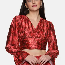 ISU Floral Printed V-Neck Puff Sleeve Crop Top-image-80