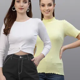 Friskers Pack of 2 White & Yellow Fitted Tops-image-76