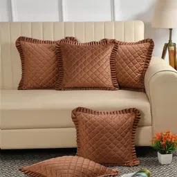 HOSTA HOMES Rust & Cream-Coloured 5-Pieces Checked Velvet Square Cushion Covers-picture-36