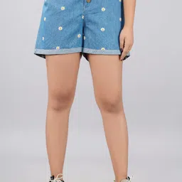 SUMAVI-FASHION Women Blue Floral Printed High-Rise Denim Shorts-image-19