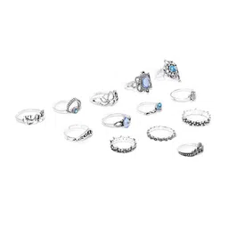 Jewels Galaxy Set Of 13 Silver-Plated Stone Studded Stackable Oxidised Finger Rings-picture-16