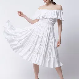 MARC LOUIS Off-Shoulder Ruffled Crepe Fit & Flare Midi Dress-picture-45
