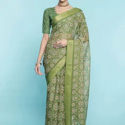 Mitera Green Ethnic Motifs Printed Zari Pure Cotton Saree-image-99