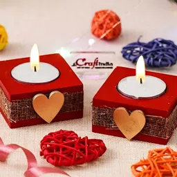 eCraftIndia Red & Gold-Toned 2 PiecesSquare Heart Wooden Candle Holder-picture-16