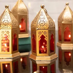 Homesake Set Of 4 Red Solid Golden Finish Moroccan Lantern Candle Holder-image-43