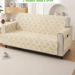 HOKIPO Off White & Cream-Coloured 2 seater Printed Polyester Sofa Cover-image-12