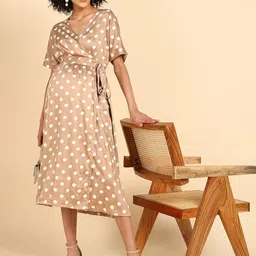 House Of Zelena Polka Dot Print  Maternity Wrap Midi Dress-picture-17