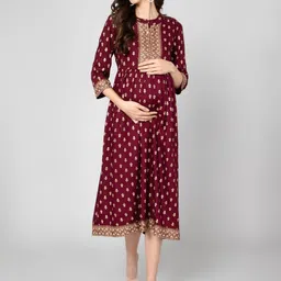House Of Zelena Ethnic Motifs Print Maternity Fit & Flare Midi Dress-image-20
