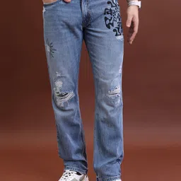 HIGHLANDER Men Straight Fit Mid-Rise Light Fade Medium Shade Mildly Distressed Jeans-image-46