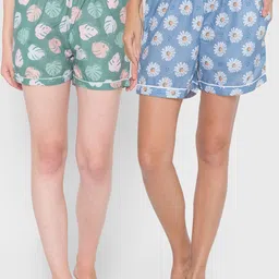 FashionRack Women Blue & Green Pack Of 2 Printed Lounge Shorts-picture-34