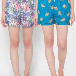 FashionRack Women Blue & Green 2 Printed Lounge Shorts-picture-37