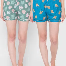 FashionRack Women Pack of 2 Blue & Green Cotton Printed Lounge Shorts-picture-37
