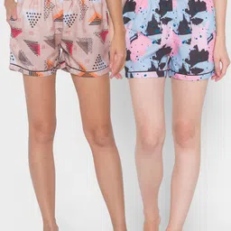 FashionRack Women Beige & Blue Set Of 2 Printed Lounge Shorts-picture-10