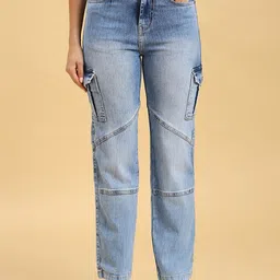 HJ HASASI Women Straight Fit High-Rise Heavy Fade Stretchable Cargo Jeans-picture-6